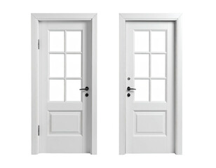 Two white paneled doors with glass windows, black handles and frames on a black ground