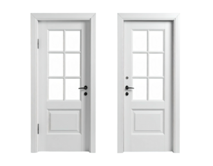 Two white paneled doors with glass windows, black handles and frames on a black ground