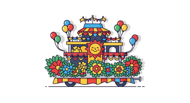 Festive parade float illustration with vibrant flowers and cheerful elements brings joy and