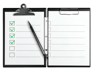A pair of clipboards, one with checkmarks, pen rests on them both