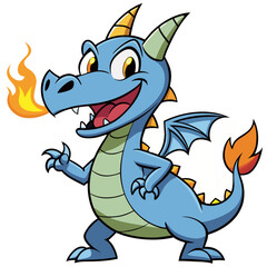 Naklejka premium Friendly Cartoon Dragon Breathing Fire with Horns and a Big Smile