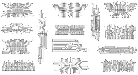 Circuit board designs in various layouts for technology and engineering concepts