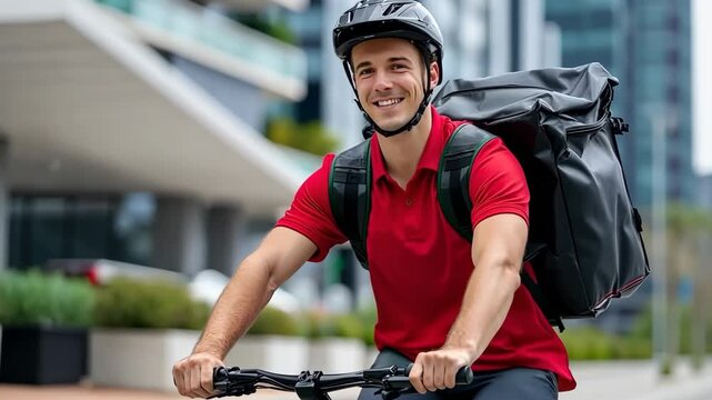 Delivery rider on bicycle brings meals through urban streets while smiling in bright red shirt with backpack