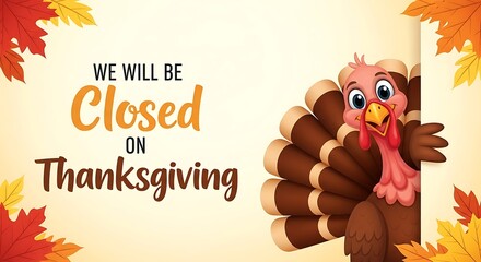 Cute cartoon turkey peeking around a corner announcing that the business will be closed on thanksgiving day with autumn leaves