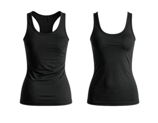 Two black women's tank tops, one racerback and one standard, against black