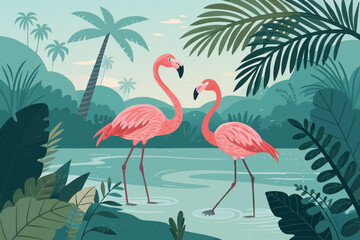 Flamingos Standing Tropical Lake Bold High-Quality Stock Image Perfect for Editorial Content