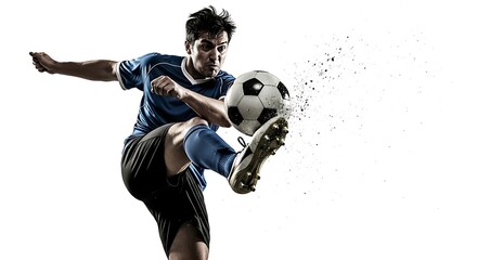Dynamic Soccer Player in Mid-Action, Kicking the Ball with Intense Energy and Explosive Movement Against a White Background