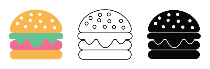 Burger Icon Vector – Hamburger, Food, Fast Food, Restaurant Menu, Delivery, and Digital Menu Symbol in EPS Format