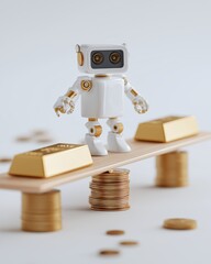 Small robot balancing gold bars on minimalist seesaw, surrounded by stacks of coins, creating playful yet intriguing scene of balance and wealth
