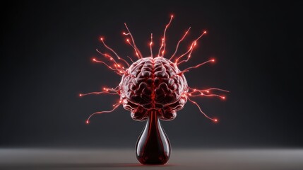 Red Wine headache. A surreal brain-shaped sculpture with glowing red connections emanating from it.