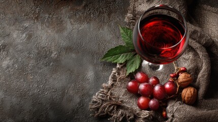 Red Wine headache. A glass of red wine accompanied by grapes and nuts on a textured surface.