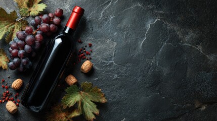 Red Wine headache. Bottle of red wine surrounded by grapes and leaves on a textured surface.