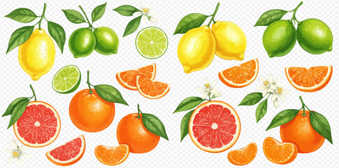 A vibrant collection of citrus fruits, including lemons, limes, grapefruits, and oranges, arranged with leaves and blossoms.