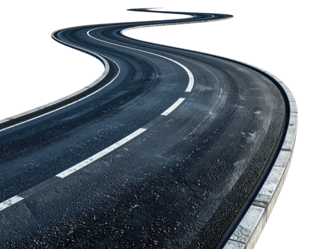 Winding road with clear lines, asphalt surface on black background