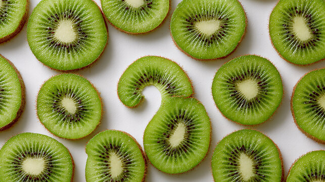Fresh kiwi fruit slices arranged to form a playful smiling face, healthy eating concept.