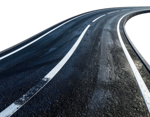 Curved asphalt road with white lane markings, leading into the distance