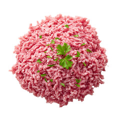 Fototapeta premium Freshly ground raw beef meat with parsley garnish isolated