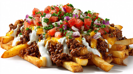 Loaded fries with chili, cheese, tomatoes, onions, and herbs – indulgent comfort food closeup
