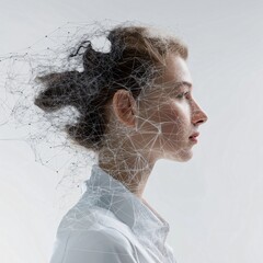 Woman with thoughtful expression, her hair transforming into network of interconnected lines, symbolizing creativity and innovation in technology