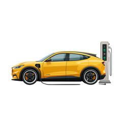 Obraz premium Vibrant yellow electric car charging at station, showcasing modern design and eco friendly technology. scene emphasizes sustainability and innovation in transportation