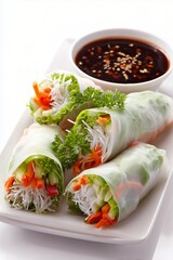 Fresh vegetable spring rolls served with rich dipping sauce, showcasing vibrant colors and textures. These rolls are healthy and delicious option for any meal