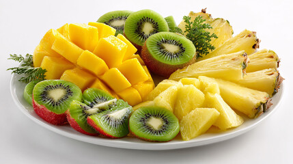 Vibrant tropical fruit platter with mango, pineapple, kiwi, and strawberries – healthy eating concept.