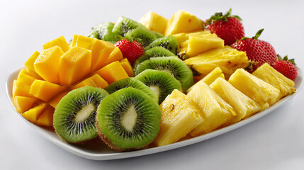 Vibrant tropical fruit platter with mango, pineapple, kiwi, and strawberries – healthy eating concept