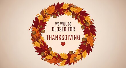 Oval wreath of autumn leaves with a sign in the center announcing the business will be closed for thanksgiving holiday celebration