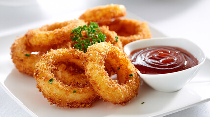 Crispy golden onion rings with vibrant ketchup dipping sauce, appetizing fast food presentation.