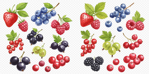 A vibrant assortment of berries, including strawberries, blueberries, raspberries, blackcurrants, gooseberries, and redcurrants, creating a colorful and appetizing display.