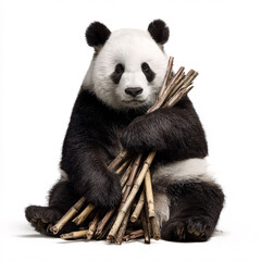 Fototapeta premium Adorable giant panda sitting with a large pile of fresh bamboo stalks, studio portrait