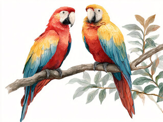 Obraz premium Vibrant scarlet and yellow macaws perched on a branch, colorful tropical bird illustration.