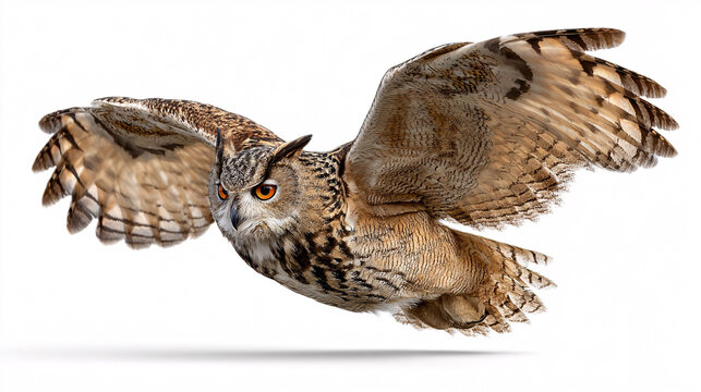 Majestic Eurasian Eagle-Owl in Flight, Powerful Predator, Wildlife Photography, Isolated on White Background - Powered by Adobe