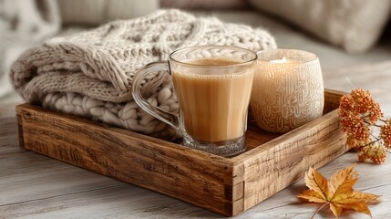 Cozy wooden tray with warm beverage, candle, and soft blanket creates serene autumn atmosphere, perfect for relaxation and comfort