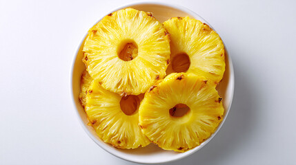 Fresh golden pineapple slices in a white bowl, tropical fruit, healthy eating, vibrant flat lay.