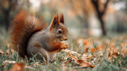 Squirrel in Autumnal Setting. A charming red squirrel nibbles on a nut amidst fallen leaves in a serene forest setting, ideal for nature and ecology themes.