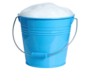 A vibrant blue bucket overflowing with frothy, white soap suds against a backdrop