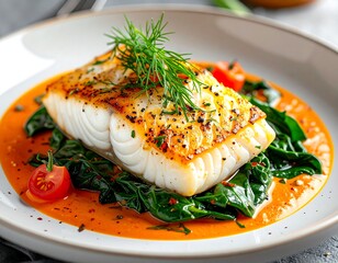 Pan-seared fish fillet atop wilted spinach, drizzled with a vibrant red sauce