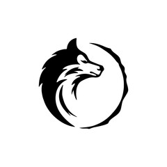 A stylized black and white logo depicting a wolf's head in profile, encircled by an abstract, incomplete ring.