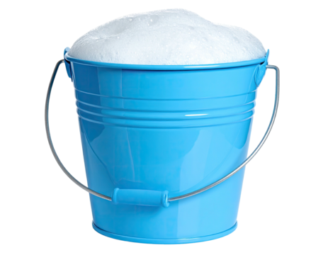 A vibrant blue bucket overflowing with frothy, white soap suds against a backdrop