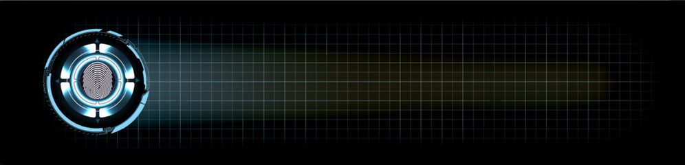 A striking display of digital light shows a glowing circular design on the left side with a beam extending into a dark background, creating a sense of depth and technology.