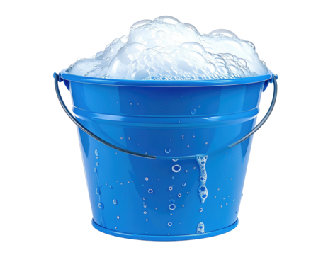 Bright blue bucket overflowing with bubbly, foamy white suds against a black backdrop