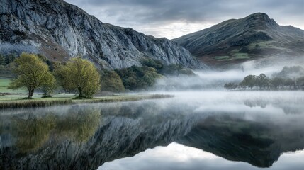 Misty lake reflecting mountain scenery.