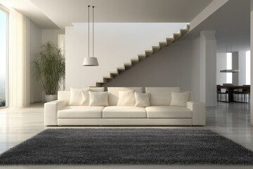 Modern living room interior design featuring a stylish cream sofa, grey rug, and open floor plan.