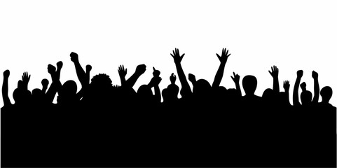 Excited crowd cheering and celebrating with hands raised in pure joy and energetic enthusiasm