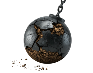 A broken demolition ball, attached by a chain, against a black backdrop