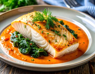 Pan-seared fish fillet atop wilted spinach in a creamy paprika sauce