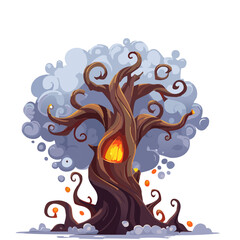 Cartoon Halloween Tree with Glowing Eyes and Swirling Smoke