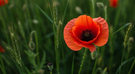 Vibrant red poppy blooming amidst green foliage in natural sunlight
