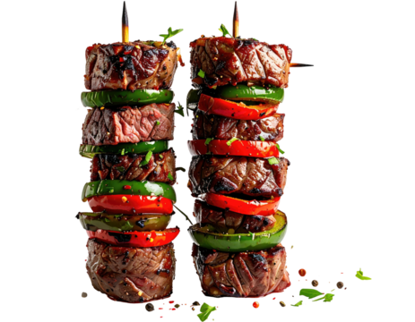 Two meat skewers featuring grilled steak slices and colorful bell peppers
